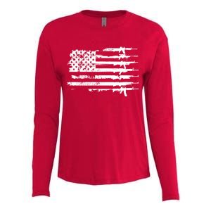 Distressed Gun Riffle US Flag Womens Cotton Relaxed Long Sleeve T-Shirt