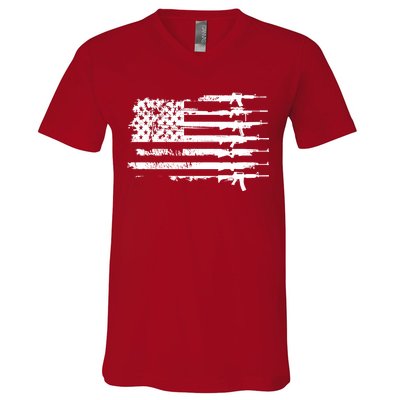 Distressed Gun Riffle US Flag V-Neck T-Shirt