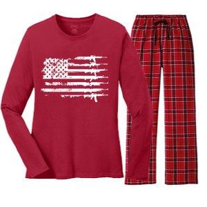 Distressed Gun Riffle US Flag Women's Long Sleeve Flannel Pajama Set 