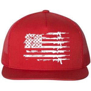 Distressed Gun Riffle US Flag Flat Bill Trucker Hat