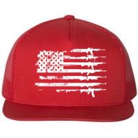 Distressed Gun Riffle US Flag Flat Bill Trucker Hat