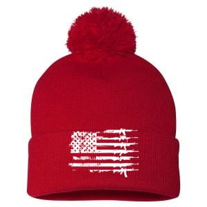 Distressed Gun Riffle US Flag Pom Pom 12in Knit Beanie