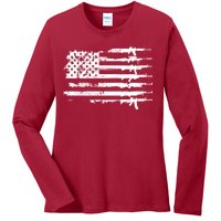 Distressed Gun Riffle US Flag Ladies Long Sleeve Shirt