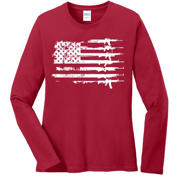 Distressed Gun Riffle US Flag Ladies Long Sleeve Shirt