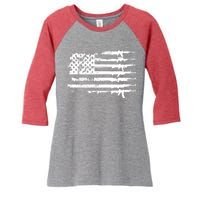 Distressed Gun Riffle US Flag Women's Tri-Blend 3/4-Sleeve Raglan Shirt