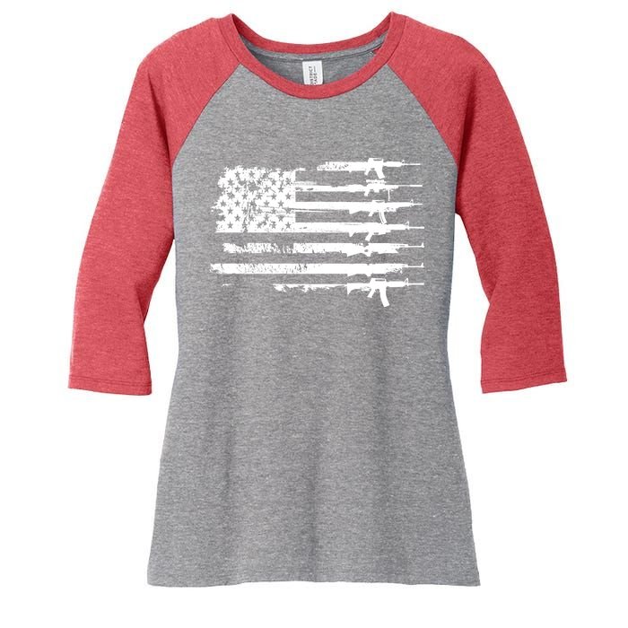 Distressed Gun Riffle US Flag Women's Tri-Blend 3/4-Sleeve Raglan Shirt