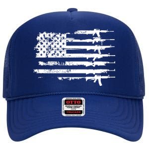 Distressed Gun Riffle US Flag High Crown Mesh Back Trucker Hat