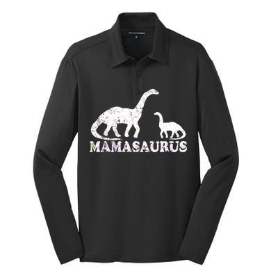 Distressed Mamasaurus Mom Mama Mother Dinosaur Silk Touch Performance Long Sleeve Polo