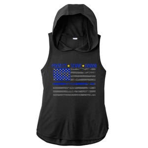 Distressed Police Blue Striped Flag Ladies PosiCharge Tri-Blend Wicking Draft Hoodie Tank