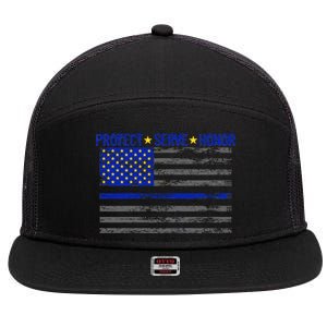 Distressed Police Blue Striped Flag 7 Panel Mesh Trucker Snapback Hat