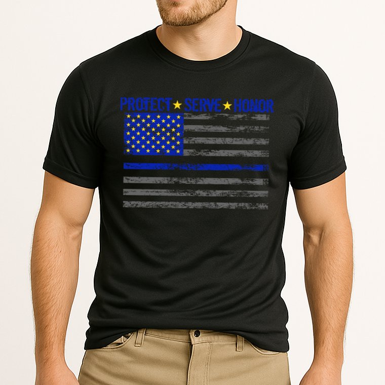 Distressed Police Blue Striped Flag Cooling Performance Crew T-Shirt