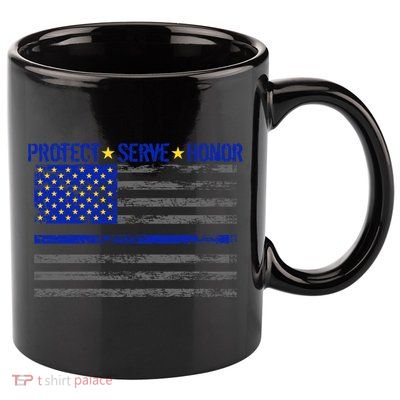 Distressed Police Blue Striped Flag 11oz C Handle Ceramic Mug