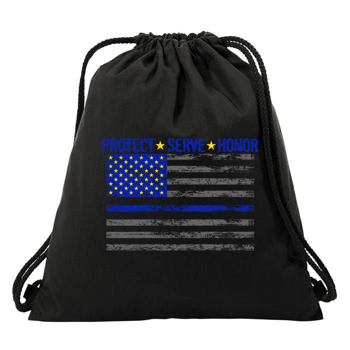 Distressed Police Blue Striped Flag Drawstring Bag