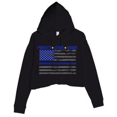 Distressed Police Blue Striped Flag Crop Fleece Hoodie