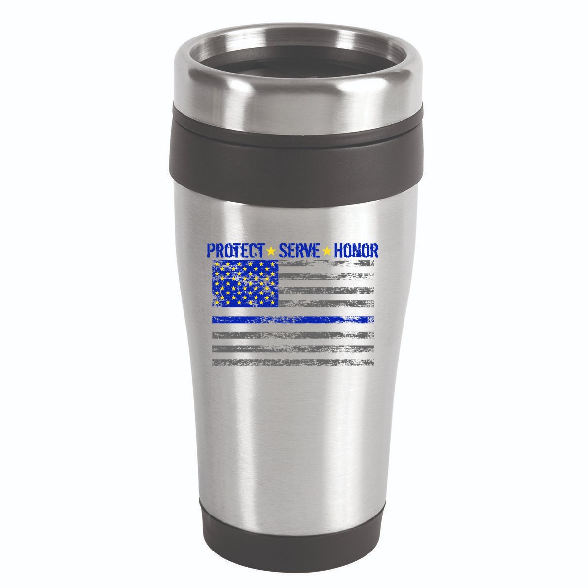 Distressed Police Blue Striped Flag 16oz Travel Tumbler