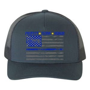 Distressed Police Blue Striped Flag Yupoong Adult 5-Panel Trucker Hat