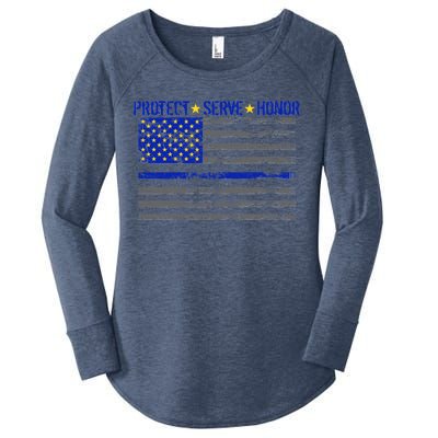 Distressed Police Blue Striped Flag Women's Perfect Tri Tunic Long Sleeve Shirt