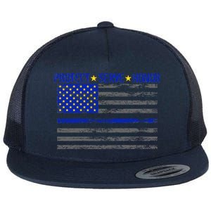 Distressed Police Blue Striped Flag Flat Bill Trucker Hat