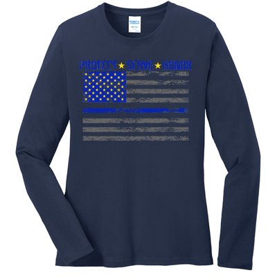 Distressed Police Blue Striped Flag Ladies Long Sleeve Shirt