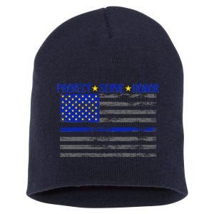 Distressed Police Blue Striped Flag Short Acrylic Beanie