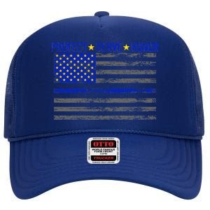 Distressed Police Blue Striped Flag High Crown Mesh Back Trucker Hat