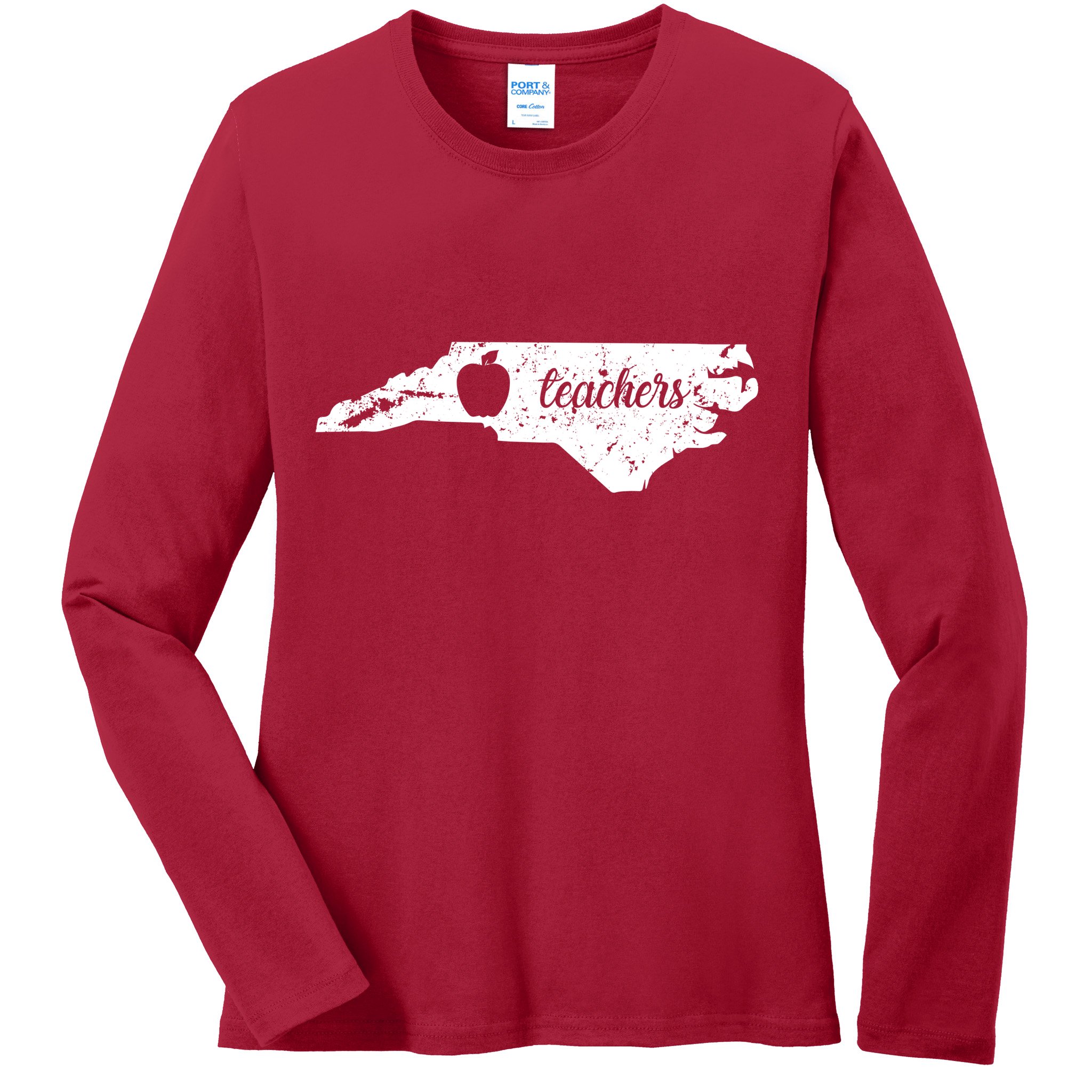 Distressed Red For Ed Teacher North Carolina Ladies Long Sleeve Shirt