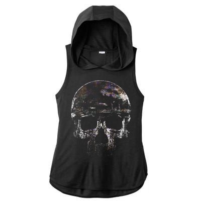 Distressed Skull Graphic Ladies PosiCharge Tri-Blend Wicking Draft Hoodie Tank