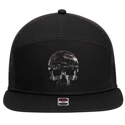 Distressed Skull Graphic 7 Panel Mesh Trucker Snapback Hat