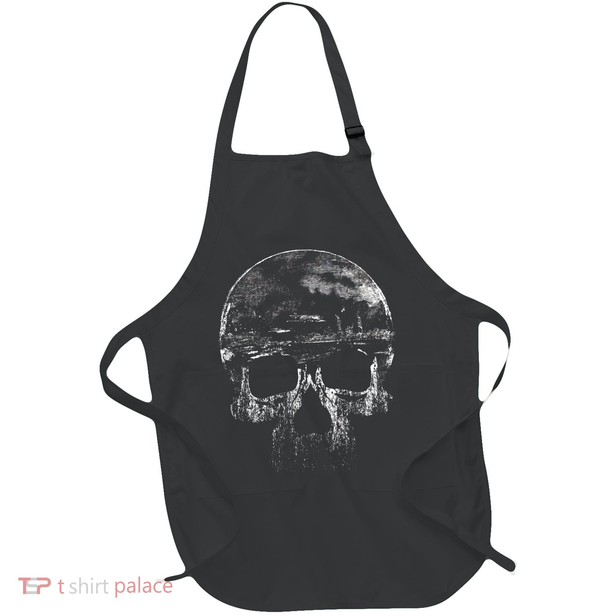 Distressed Skull Graphic Full-Length Apron With Pockets