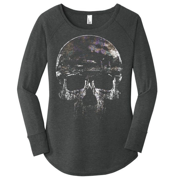 Distressed Skull Graphic Women's Perfect Tri Tunic Long Sleeve Shirt