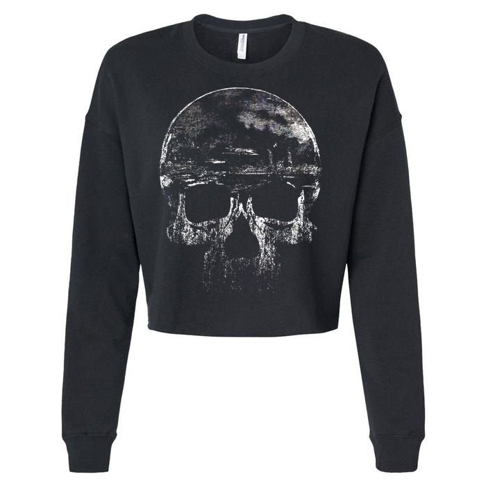 Distressed Skull Graphic Cropped Pullover Crew