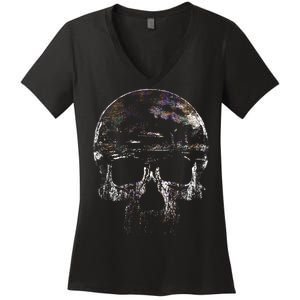 Distressed Skull Graphic Women's V-Neck T-Shirt