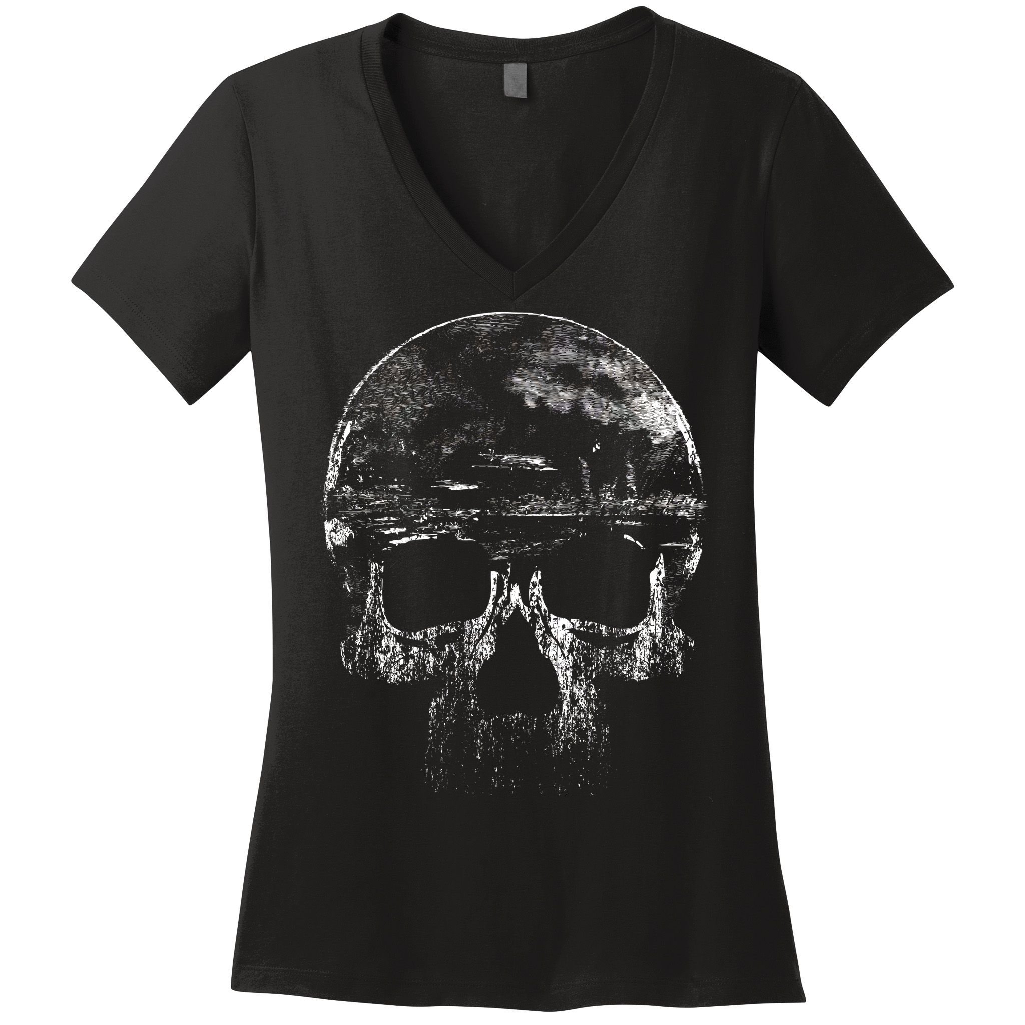 Distressed Skull Graphic Women's V-Neck T-Shirt