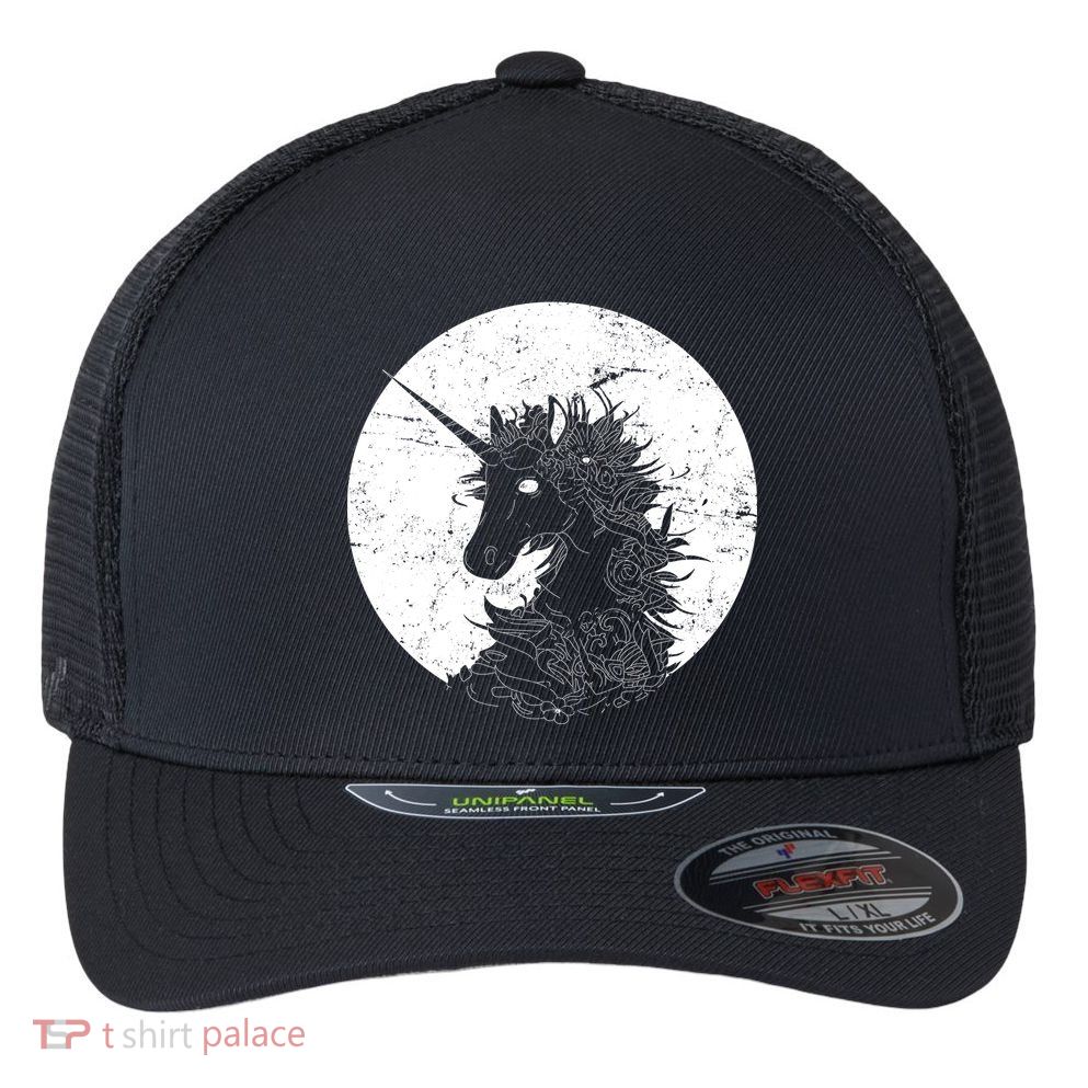 Distressed Unicorn Emblem Flexfit Unipanel Trucker Cap