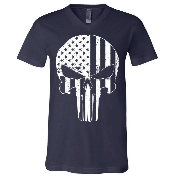 Distressed USA American Skull V-Neck T-Shirt