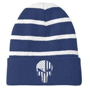 Distressed USA American Skull Striped Beanie with Solid Band