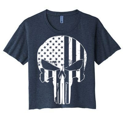 Distressed USA American Skull Women's Crop Top Tee