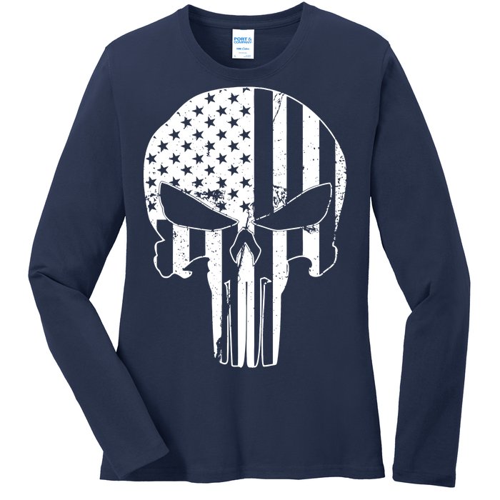 Distressed USA American Skull Ladies Long Sleeve Shirt