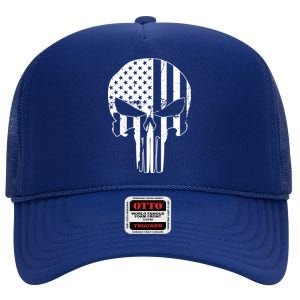 Distressed USA American Skull High Crown Mesh Back Trucker Hat