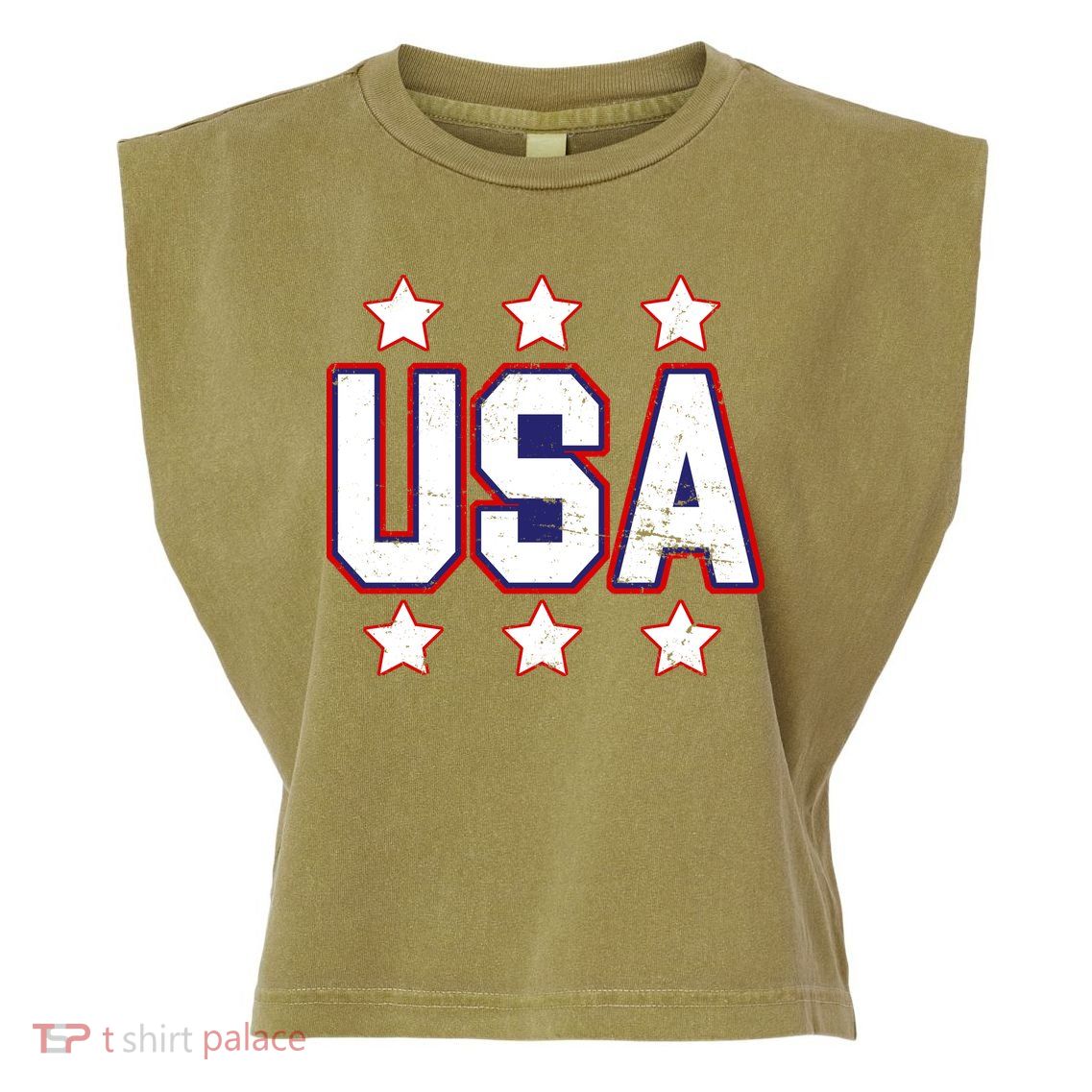 Distressed USA Patriotic Logo Garment-Dyed Women's Muscle Tee