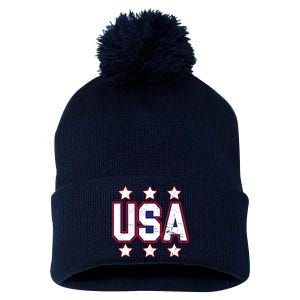 Distressed USA Patriotic Logo Pom Pom 12in Knit Beanie