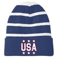 Distressed USA Patriotic Logo Striped Beanie with Solid Band