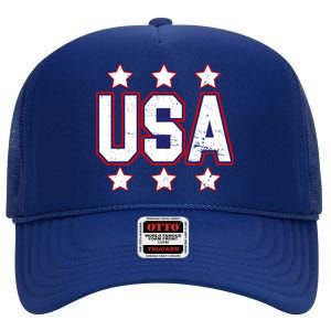 Distressed USA Patriotic Logo High Crown Mesh Back Trucker Hat