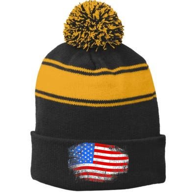 Distressed USA Waving Flag Stripe Pom Pom Beanie