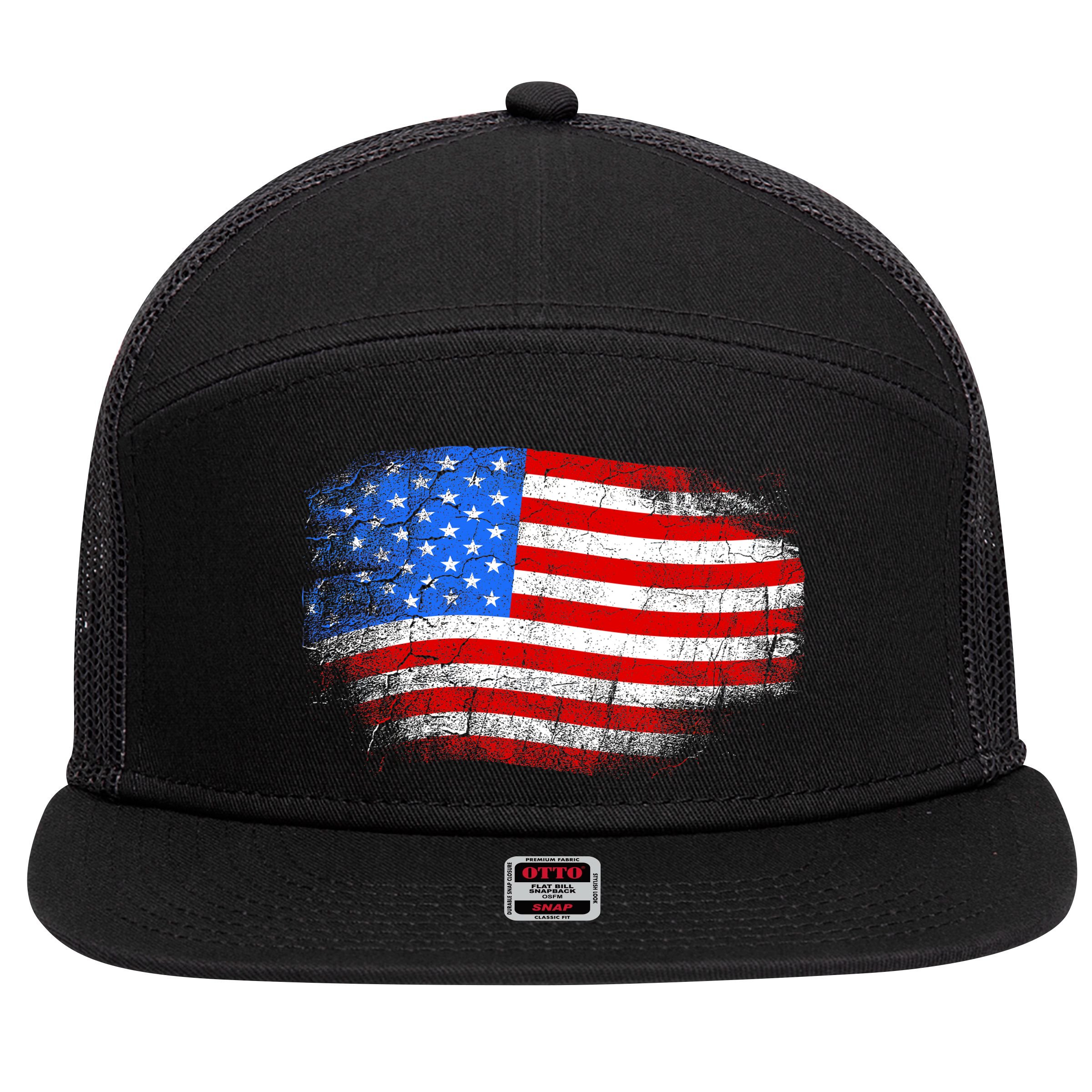 Distressed USA Waving Flag 7 Panel Mesh Trucker Snapback Hat