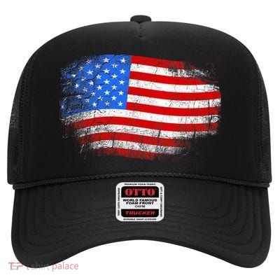 Distressed USA Waving Flag High Crown Mesh Back Trucker Hat