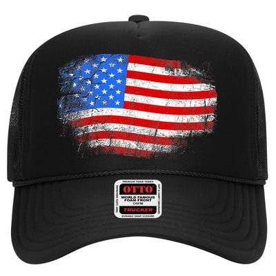 Distressed USA Waving Flag High Crown Mesh Back Trucker Hat