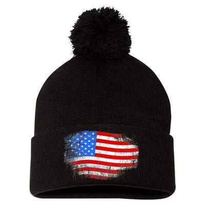 Distressed USA Waving Flag Pom Pom 12in Knit Beanie