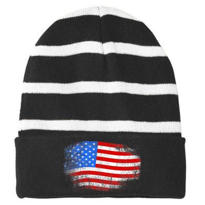 Distressed USA Waving Flag Striped Beanie with Solid Band