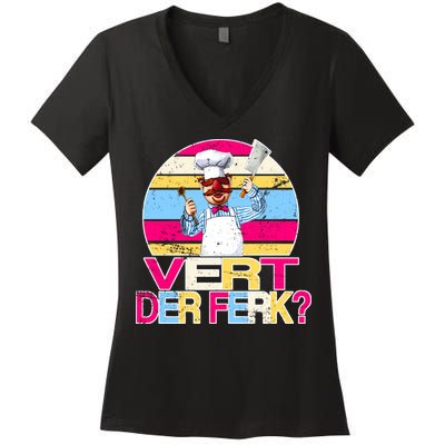 Distressed Vert Der Ferk Retro Chef Women's V-Neck T-Shirt